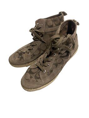 COACH Signature Sneakers 8M Monogram Lace-up Suede Shoes Taupe Logo Streetwear